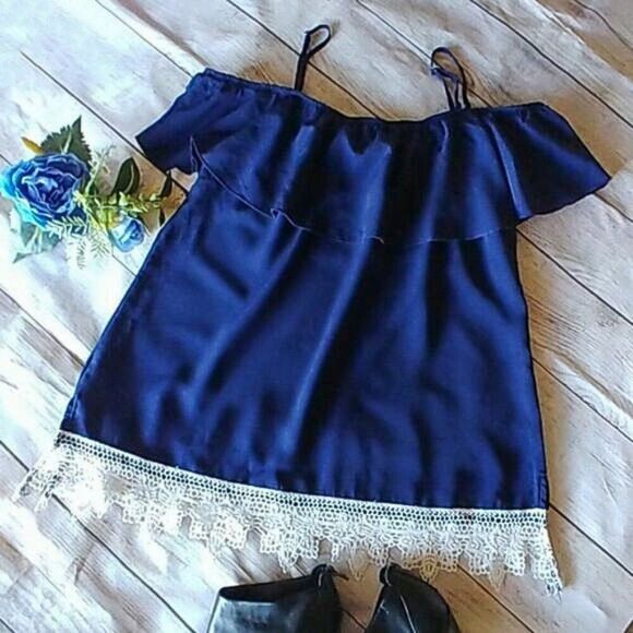 Sapphire Blue Lace Edge Ruffle Top  - Picture 1 of 8